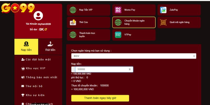 Hướng dẫn nạp tiền Go99 bằng hình thức internet banking