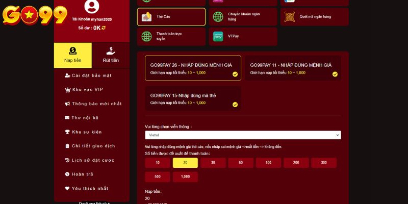 Dùng thẻ cào điện thoại để nạp vốn chơi tại Go99