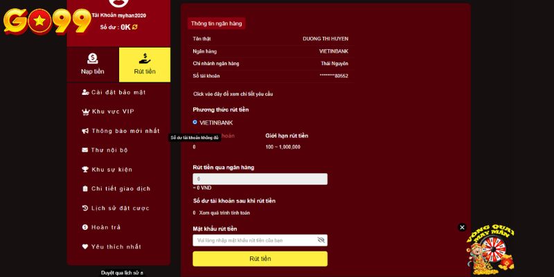 Thao tác thực hiện rút tiền Go99 về tài khoản